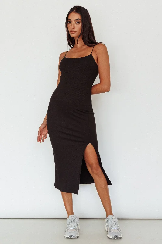 In My Element Split Midi Dress Black Trendy Smocked Waist Midi Dress