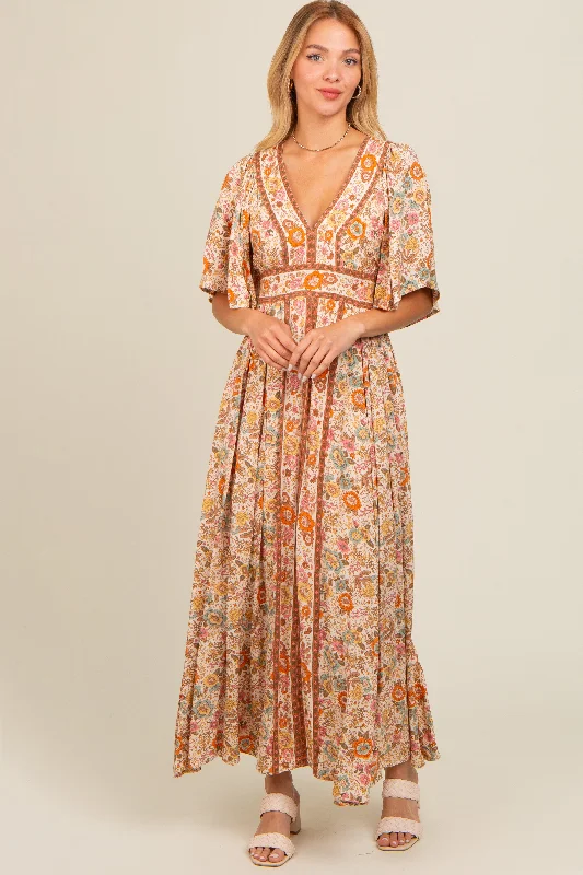 Ivory Floral Border Print Flutter Sleeve Maxi Dress Stylish Boho Maxi Dress