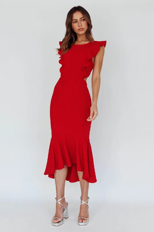 Jackie Wide Ruffle Hem Pinafore Midi Dress Red Fashionable Skater Midi Dress