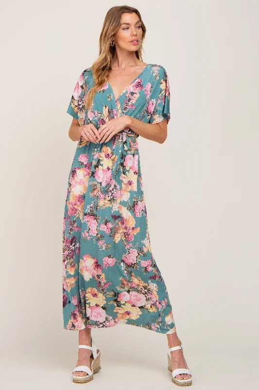 Jade Floral Wrap Front Waist Tie Maxi Dress Comfortable Fit-and-Flare Maxi Dress