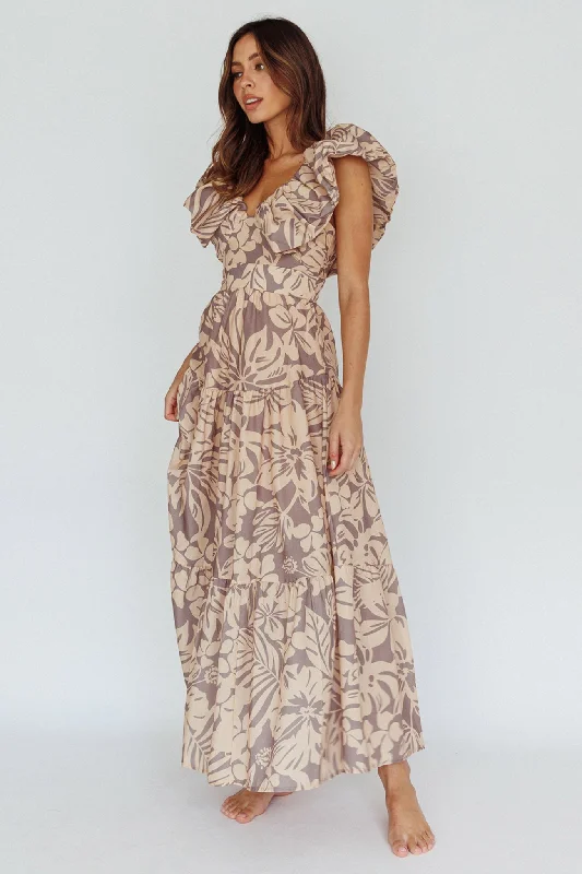 Kahlo Puffed Ruffle Neckline Maxi Dress Print Beige Chic Boho Print Maxi Dress