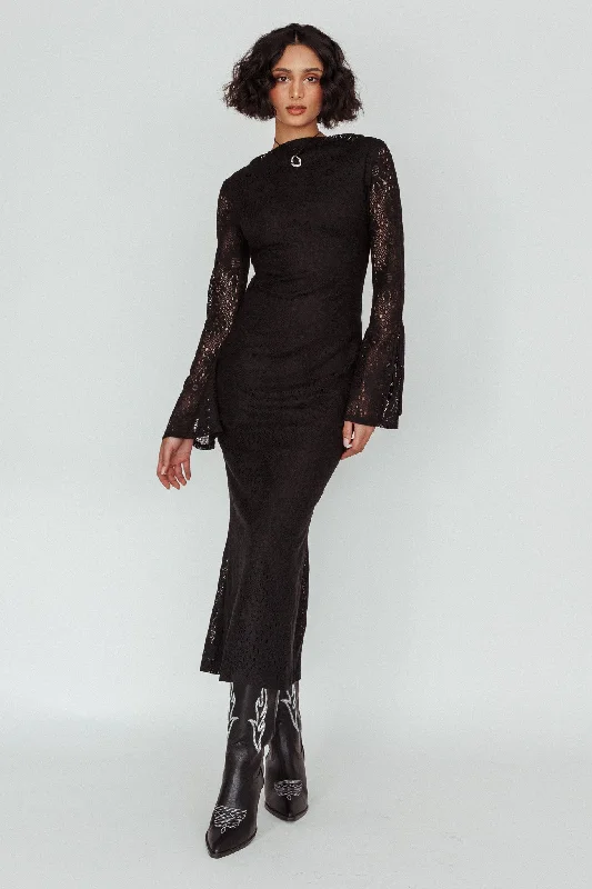 Kalia Long Sleeve Lace Midi Dress Black Elegant Velvet Midi Dress