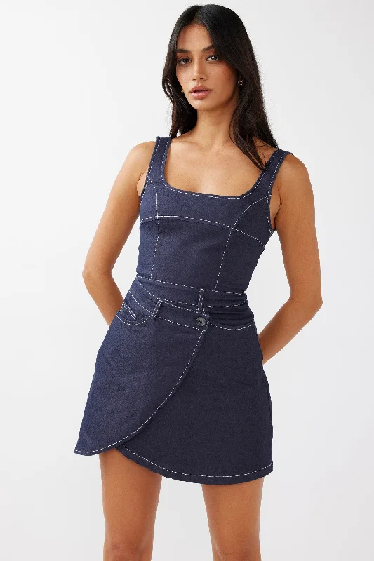 Killara Pocket Wrap Mini Dress Indigo Comfortable Linen Mini Dress