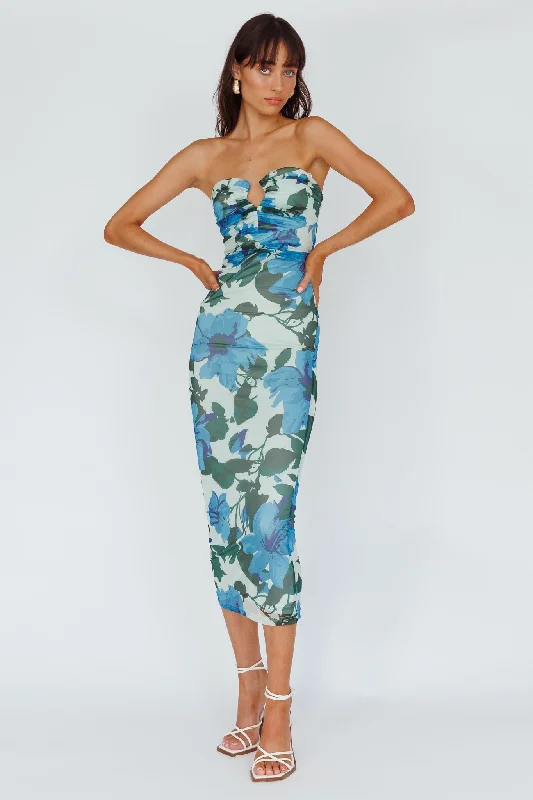 Lahita Strapless Midi Dress Floral Blue Trendy Long Sleeve Midi Dress