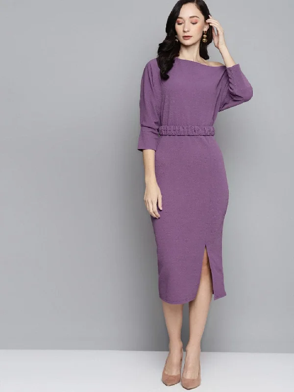 Lavender Belted Drop Shoulder Midi Dress Trendy Square Neck Midi Dress