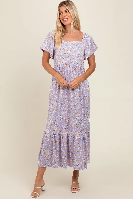 Lavender Floral Short Sleeve Maxi Dress Stylish One-Shoulder Maxi Dress