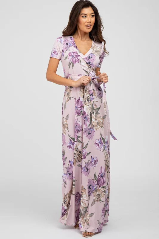 Lavender Floral Waist Tie Wrap Maxi Dress Fashionable Faux Wrap Maxi Dress