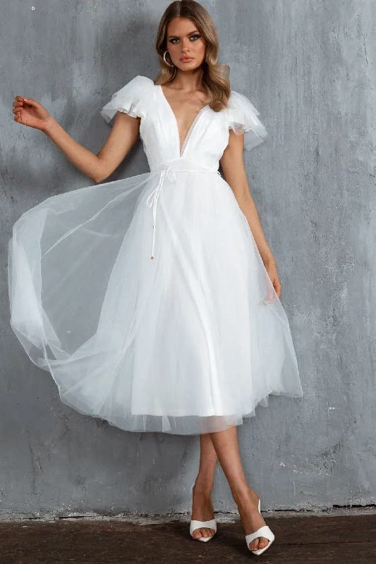 Leap Of Faith Frill Shoulder Tulle Midi Dress White Fashionable Plaid Midi Dress