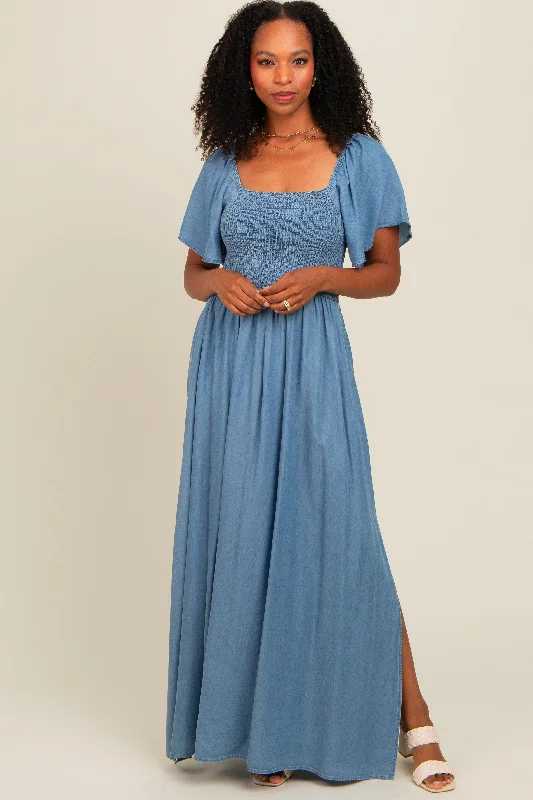 Light Blue Chambray Smocked Maxi Dress Chic Button-Up Maxi Dress