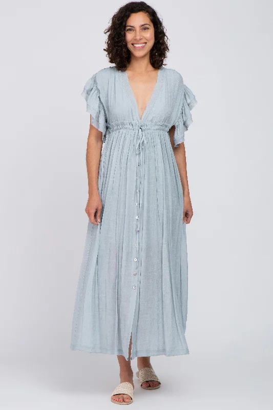 Light Blue Deep V-Neck Button Down Maxi Dress Comfortable Maxi Dress with Belt