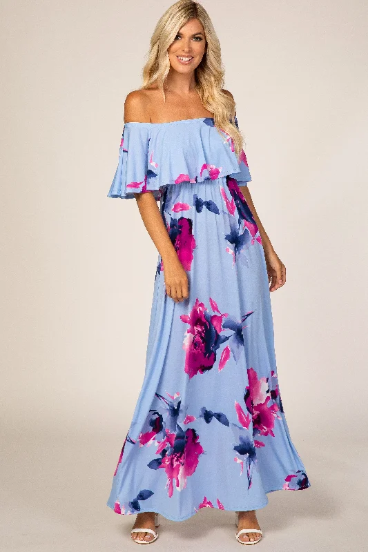 Light Blue Floral Off Shoulder Maxi Dress Trendy A-Line Maxi Dress