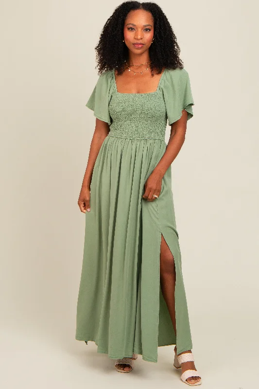 Light Olive Chambray Smocked Maxi Dress Fashionable Chiffon Maxi Dress