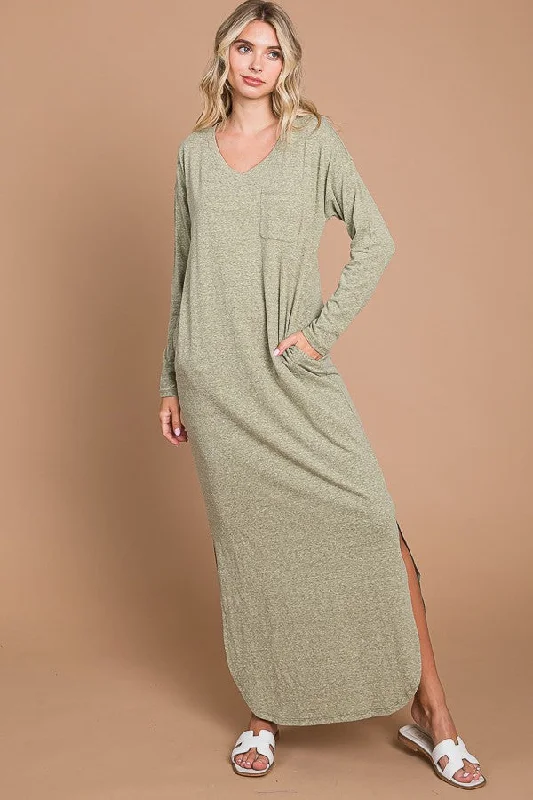 Light Olive Heathered Pocketed Long Sleeve Maxi Dress Stylish Off-Shoulder Maxi Dress