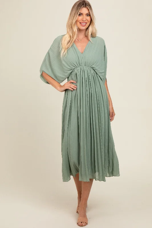 Light Olive Pleated V Neck Maxi Dress Trendy Floral Print Maxi Dress