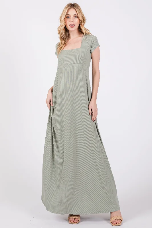 Light Olive Ribbed Square Neck Short Sleeve Maxi Dress Comfortable Cotton Maxi Dress