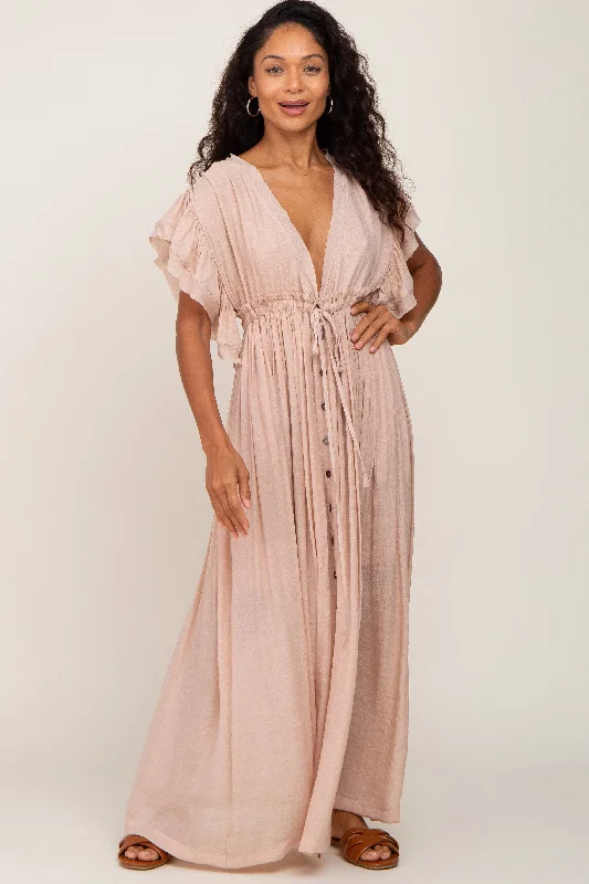 Light Pink Deep V-Neck Button Down Maxi Dress Elegant Wraparound Maxi Dress