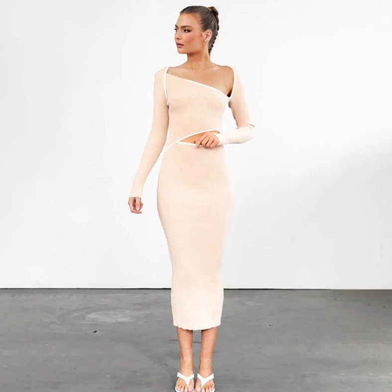 Long Sleeve Hollow Rib Maxi Dresses Chic Off-Shoulder Maxi Dress