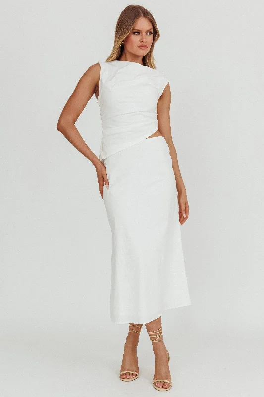 Lorely Boat Neck Cut Out Midi Dress White Trendy Ruffled Sleeve Midi Dress