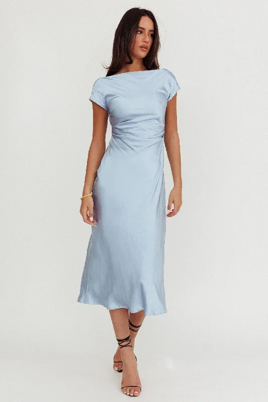 Loveland Cap Sleeve Cowl Back Midi Dress Baby Blue Stylish Pleated Skirt Midi Dress