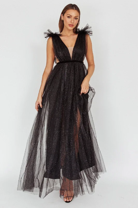 Ludivine Shoulder Accent Mesh Midi Dress Glitter Black Trendy Off-Shoulder Button Midi Dress