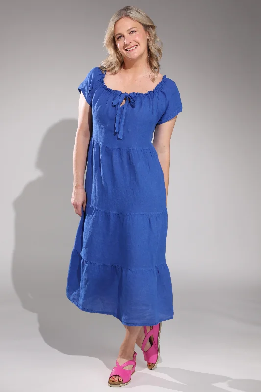Made in Italy 100% Linen Maxi Dress | AZURE | 0208A1 Fashionable High-Waist Maxi Dress