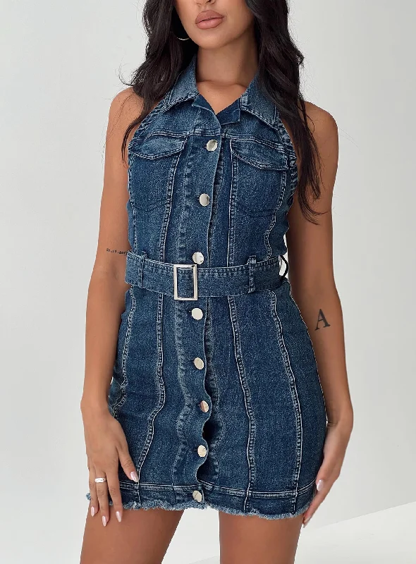 Madsen Denim Mini Dress Mid Blue Comfortable Smocked Mini Dress