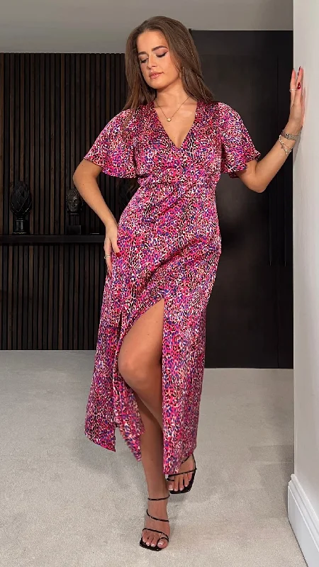 Magdalena Purple Animal Print Angel Sleeve Split Leg Midi Dress Stylish Wraparound Midi Dress