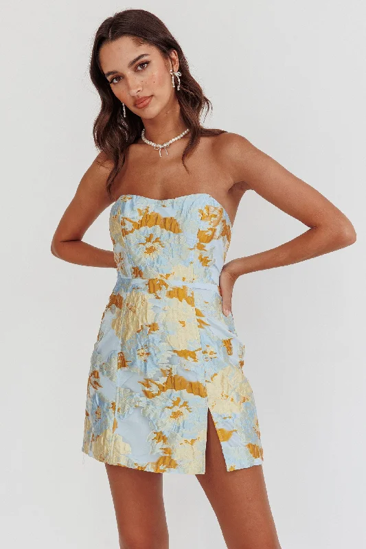 Marlina Strapless Jacquard Mini Dress Blue Stylish Floral Print Mini Dress