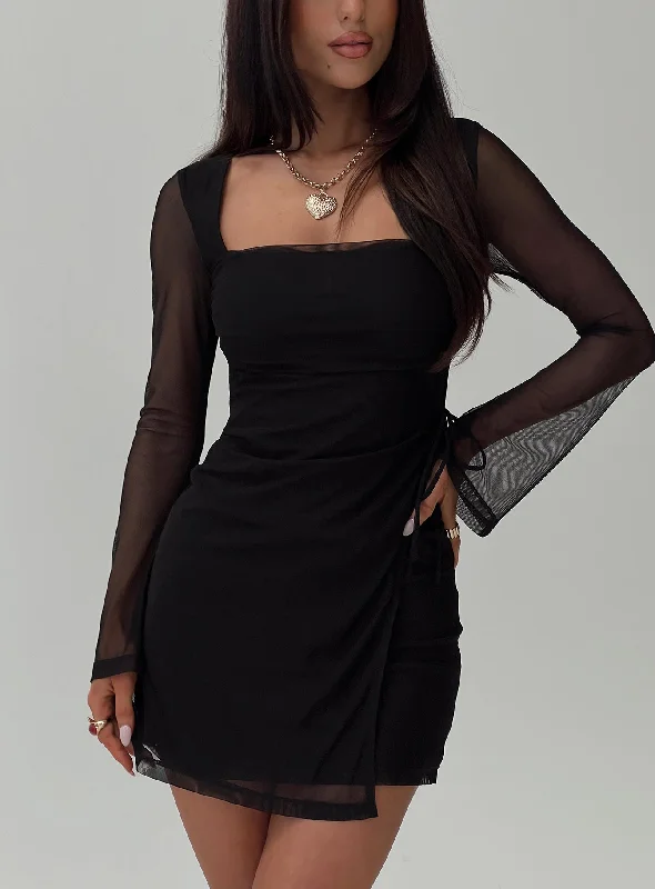 Martinez Long Sleeve Mini Dress Black Elegant Satin Lace Mini Dress