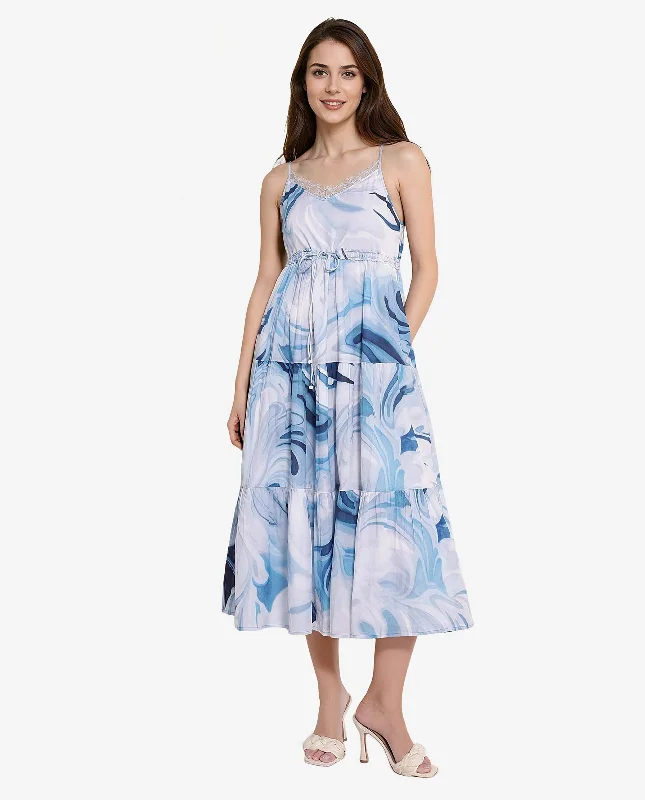 Rareism Women Maxicalli Blue Shoulder Straps Fit And Flare Abstract Print Midi Dress Elegant Floral Appliqué Midi Dress