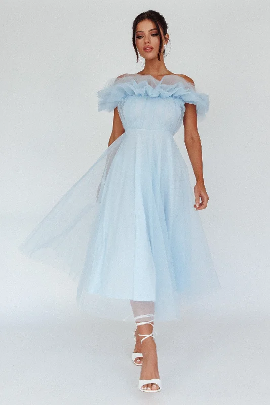 May Rose Off-Shoulder Tulle Midi Dress Light Blue Elegant Satin Button Midi Dress