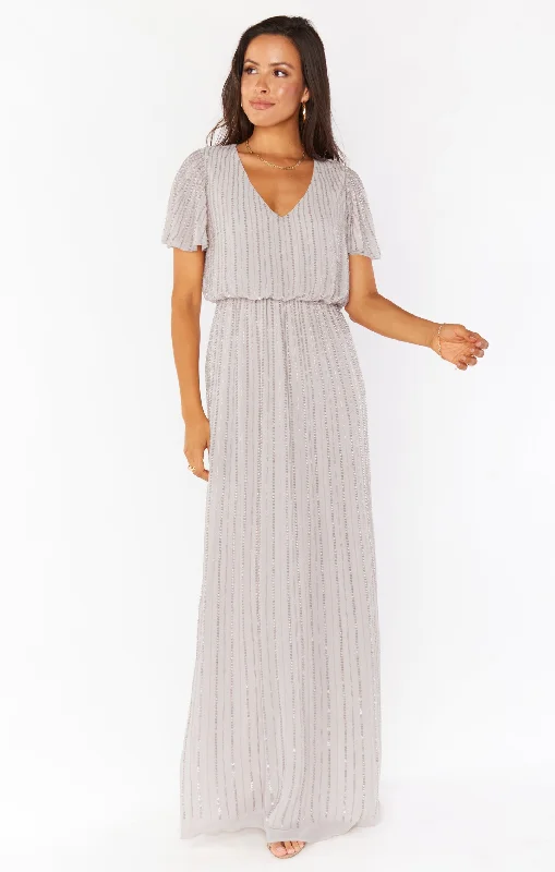 Michelle Flutter Maxi Dress ~ Dove Grey Beaded Comfortable Maxi Dress with Sleeves