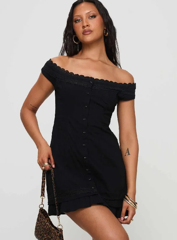 Mirrorball Off The Shoulder Mini Dress Black Elegant Mini Dress with Ruffles