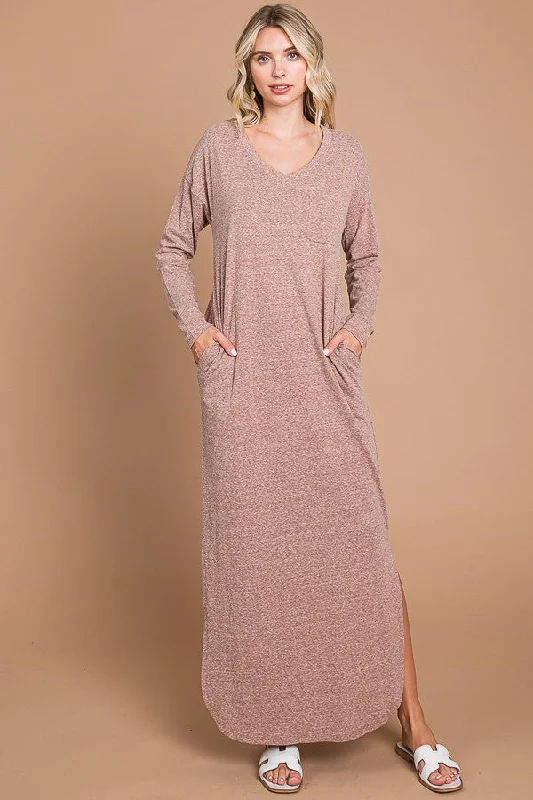 Mocha Heathered Pocketed Long Sleeve Maxi Dress Fashionable Button-Down Maxi Dress