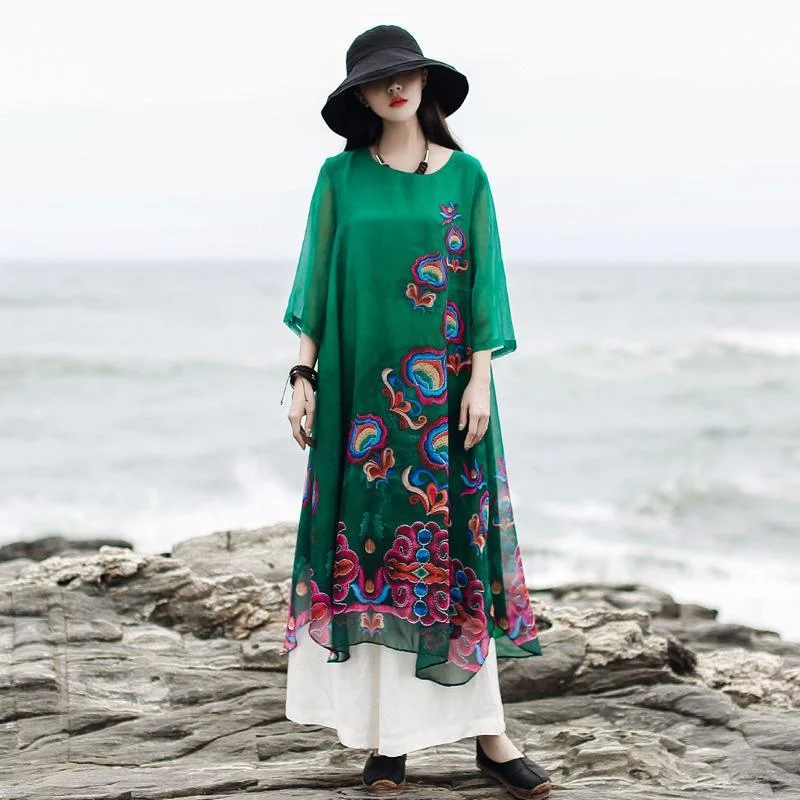 Modern o neck asymmetric false two pieces outfit Women green embroidery print Maxi Dresses Summer Stylish Long Sleeve Maxi Dress