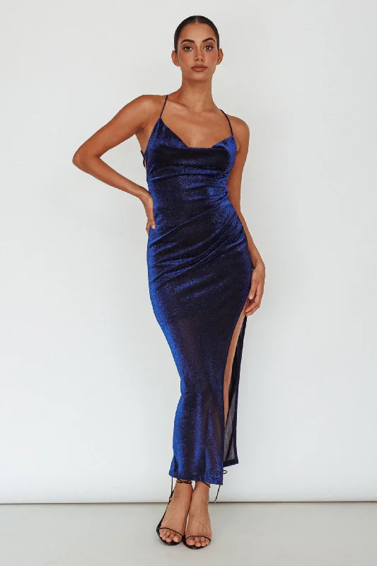 Moonstone Side Split Strappy Back Midi Dress Blue Trendy Tiered Hem Midi Dress