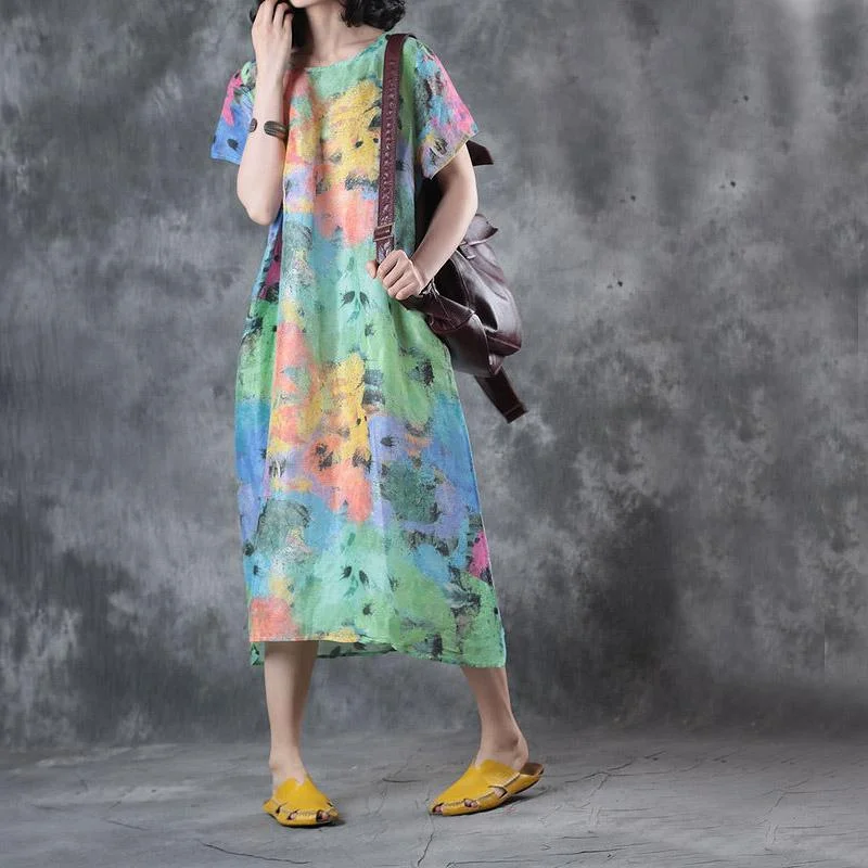 Multe Print Baggy Silk Linen Dresses Casual Loose Sundress Short Sleeve Maxi Dress Trendy Button Front Maxi Dress