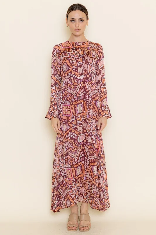 Multi Abstract Print Boho Maxi Dress Stylish Maxi Dress with Pleats