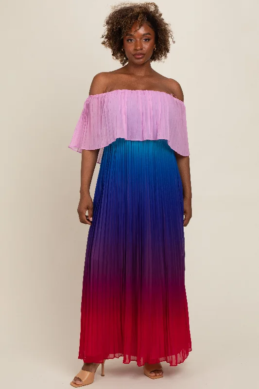 Multicolor Off Shoulder Pleated Maxi Dress Trendy Maxi Dress with Straps