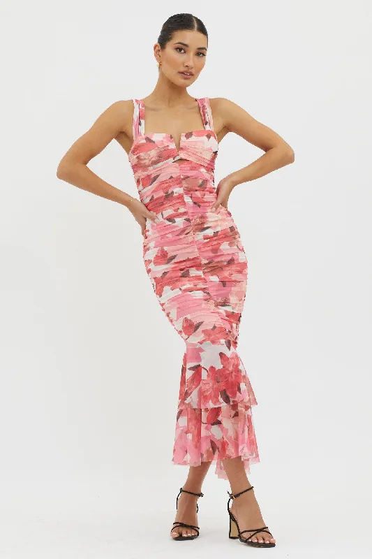 Nadia Ruched Fishtail Midi Dress Floral Pink Trendy Ruched Side Midi Dress