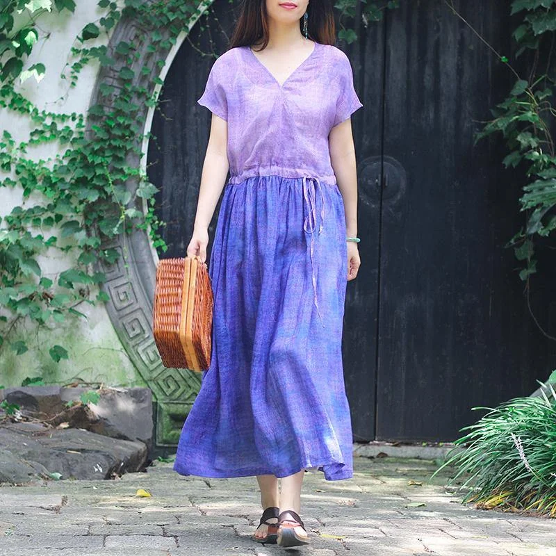 Natural v neck drawstring linen dress Fine Work Outfits purple print Maxi Dress Summer Cozy Open-Back Maxi Dress