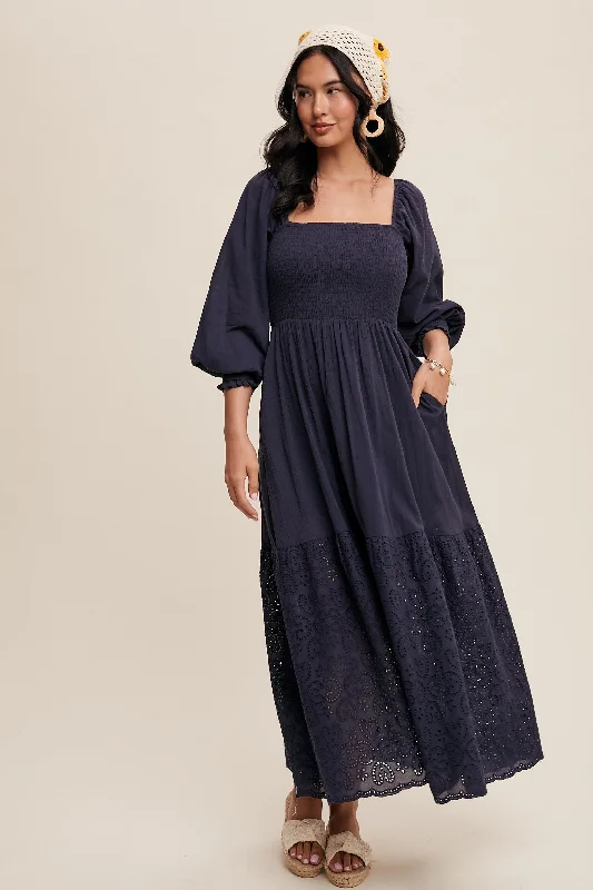 Navy Blue Smocked Eyelet Lace Hem Maxi Dress Cozy Cold-Shoulder Maxi Dress