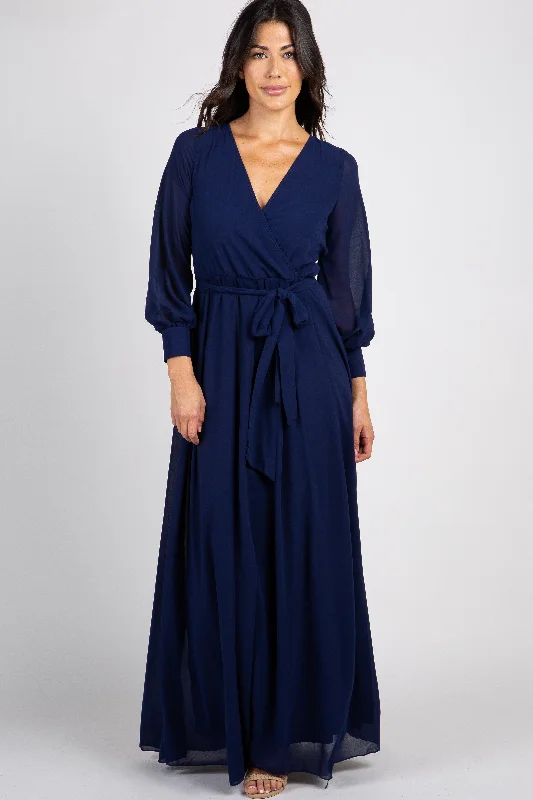 Navy Chiffon Long Sleeve Pleated Maxi Dress Classic Solid Maxi Dress