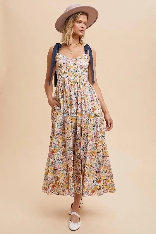 Navy Creme Multi Cotton Floral Maxi Dress Elegant Boho Maxi Dress