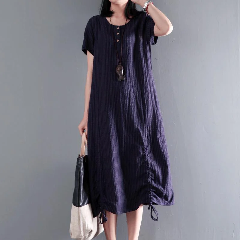 Navy drawstring linen maxi dress for summer unique long sundresses Trendy Maxi Dress with Bow