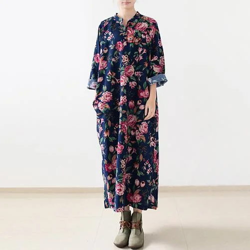 Navy floral linen maxi dress fall cotton dresses long caftans Comfortable Maxi Dress with Slits