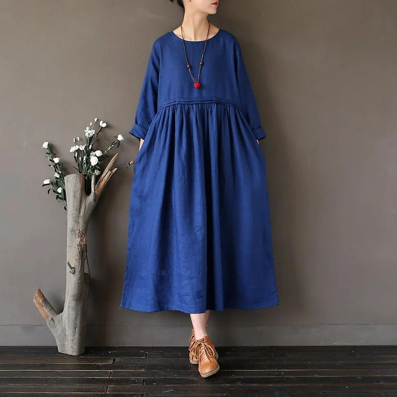 Navy Patchwork Wrinkled Linen Dresses Plus Size Wrinkled High Waist Maxi Dress Fashionable Open-Back Maxi Dress