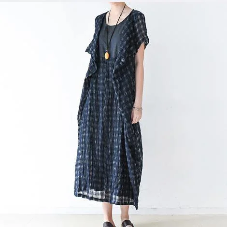 Navy Stylish Linen Dresses Plus Size Sundress Short Sleeve Maxi Dress Comfortable Casual Maxi Dress