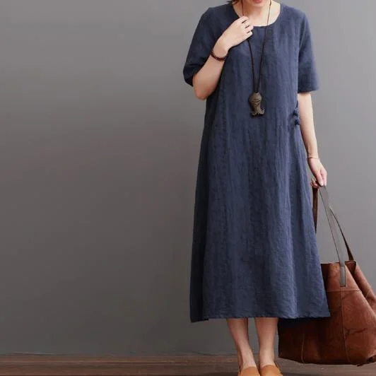 Navy Summer Linen Dress Plus Size Linen Maxi Dresses Sundress Comfortable Satin Maxi Dress