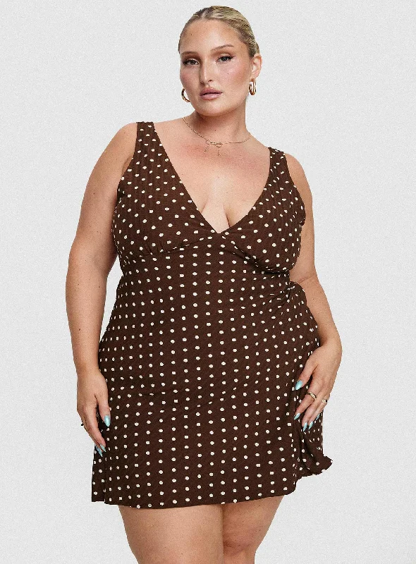 Nellie Mini Dress Brown Polka Dot Curve Trendy Wraparound Mini Dress